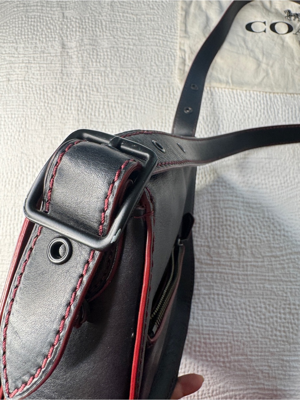 Coach 1941 Black Leather Crossbody large Saddle Bag with Oxblood Red Accents. - Picture 9 of 10